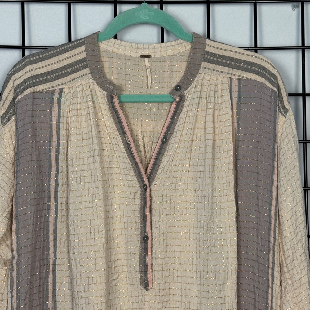 Free People Tunic Blouse Womens Small Cream Striped Metallic Grid Oversized Boho